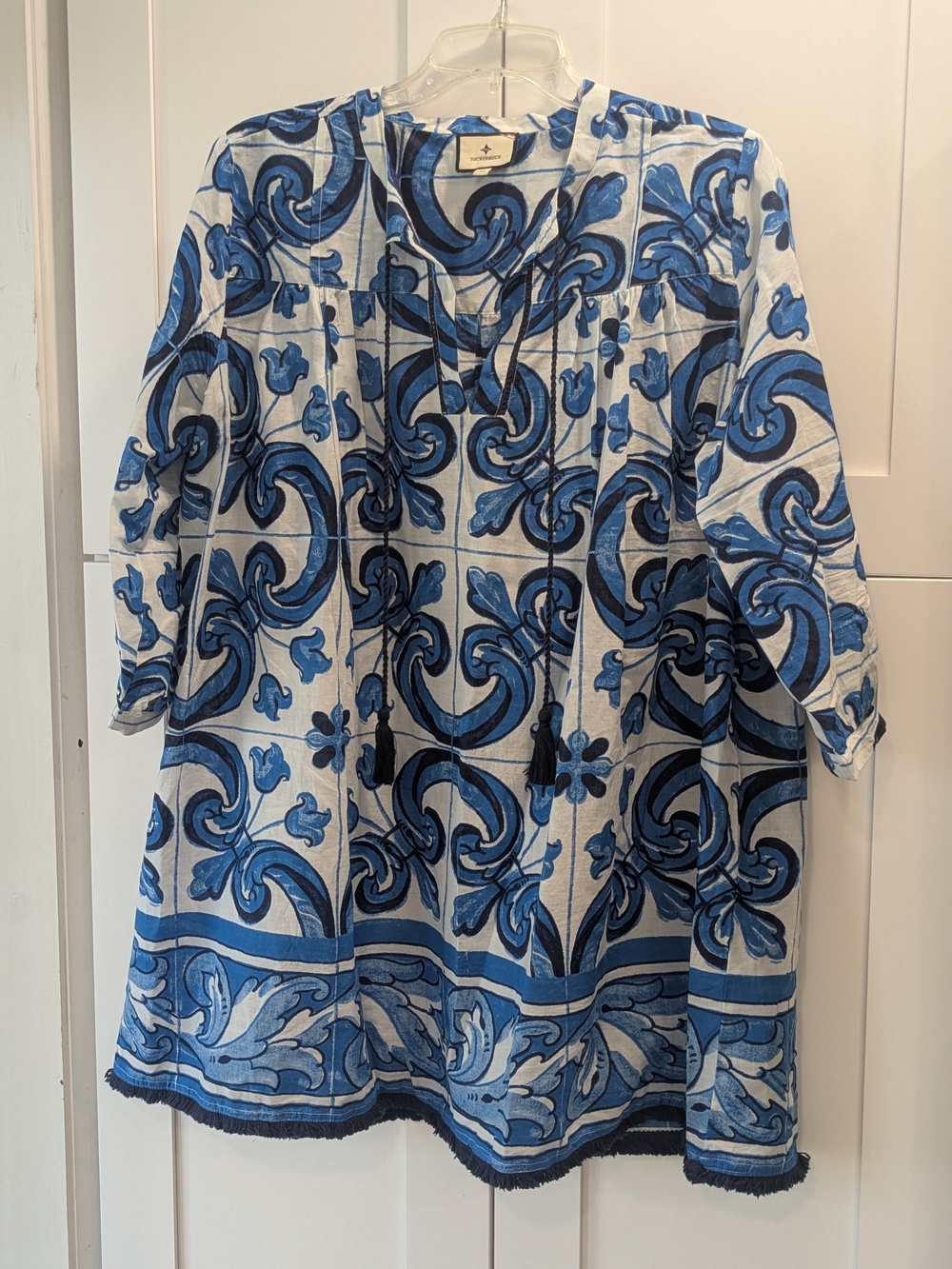 Tuckernuck White Cover Up Tunic with Blue Scroll Print
